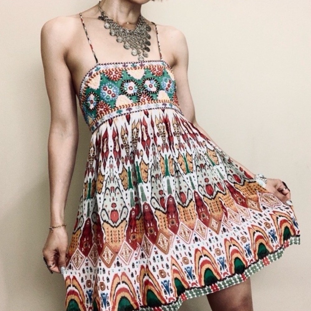 Zara Embroidered Boho Babydoll Strappy Beaded Mini Dress Womens Sz Small NEW Y2K